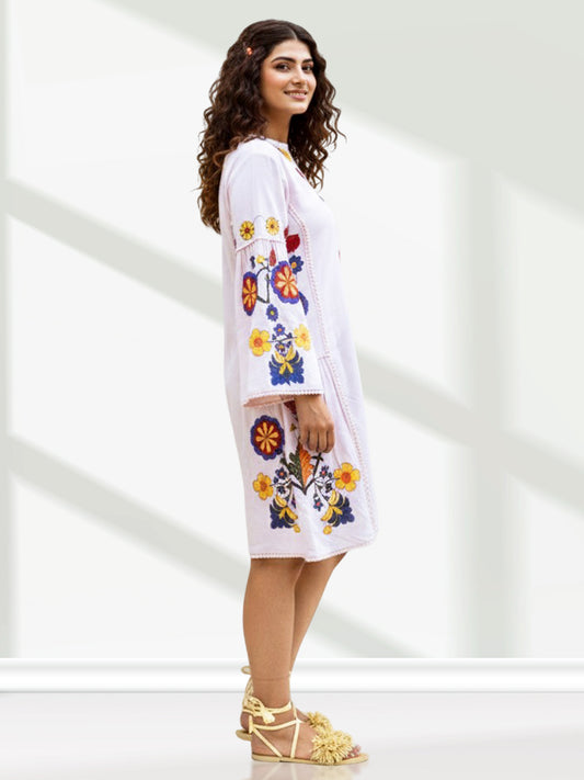 Baby Pink Threadwork Dress with Bell Sleeves