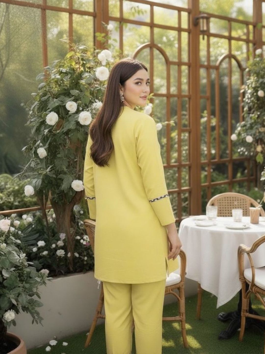 YELLOW COORDS WITH THREADWORK FLOWERS