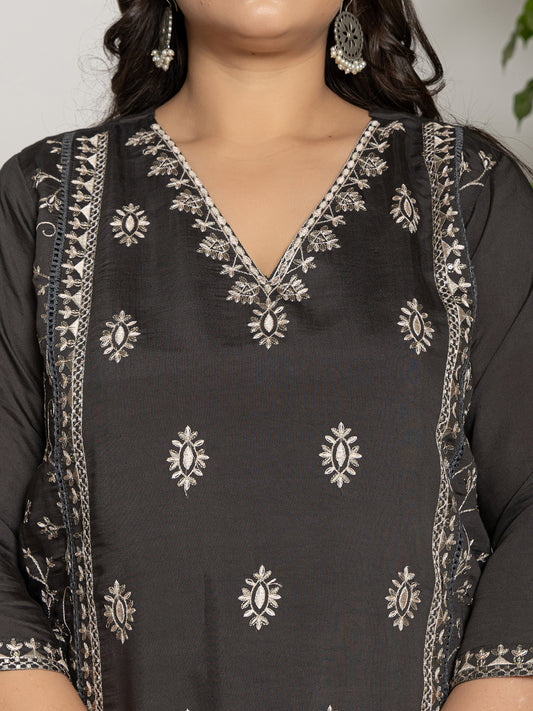 Grey Silk Embellished 3pc Set