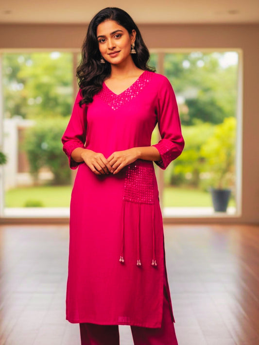 HOT PINK EDIT- PINK SEQUENCED V-NECK SET