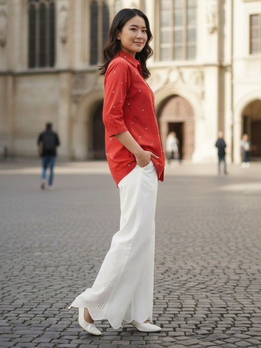 RUST SHIRT WITH CUTWORK EMBROIDERED PANTS