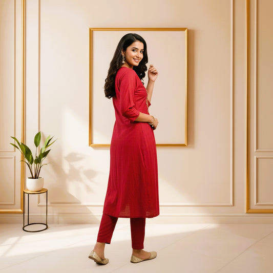 RED ZARI COTTON CHANDERI 2 PC SET