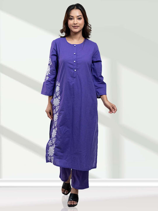 Purple Floral Embroidered Kurta Set for Women - 2 Piece Ethnic Outfit with Straight Fit