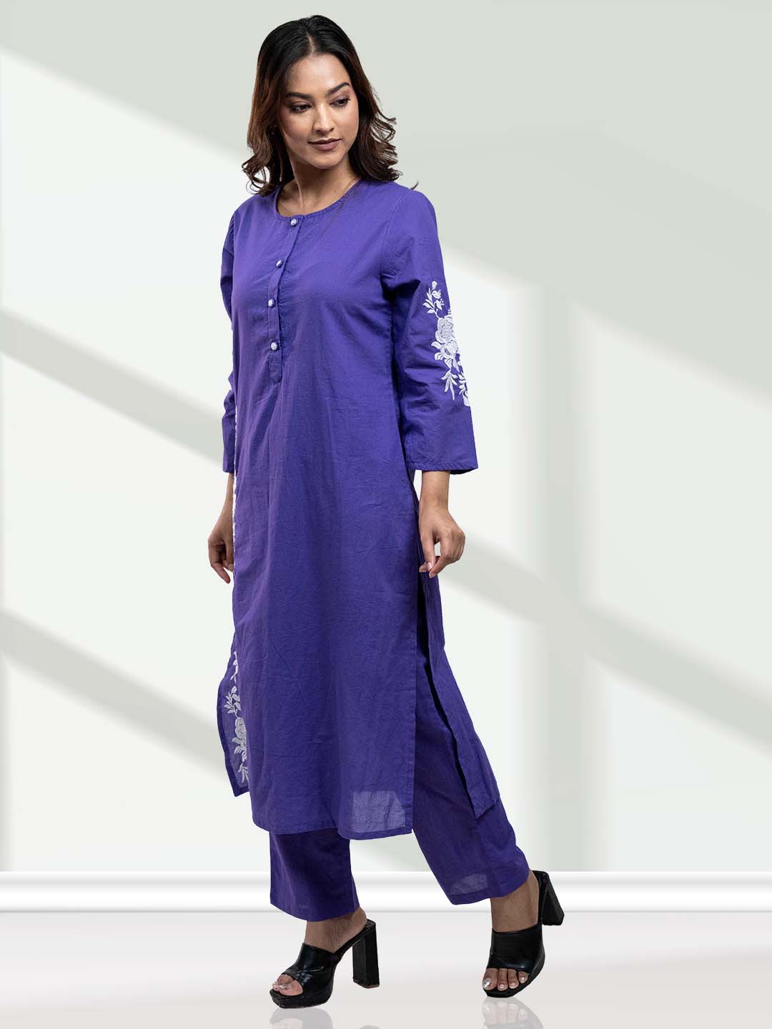 Purple Floral Embroidered Kurta Set for Women - 2 Piece Ethnic Outfit with Straight Fit