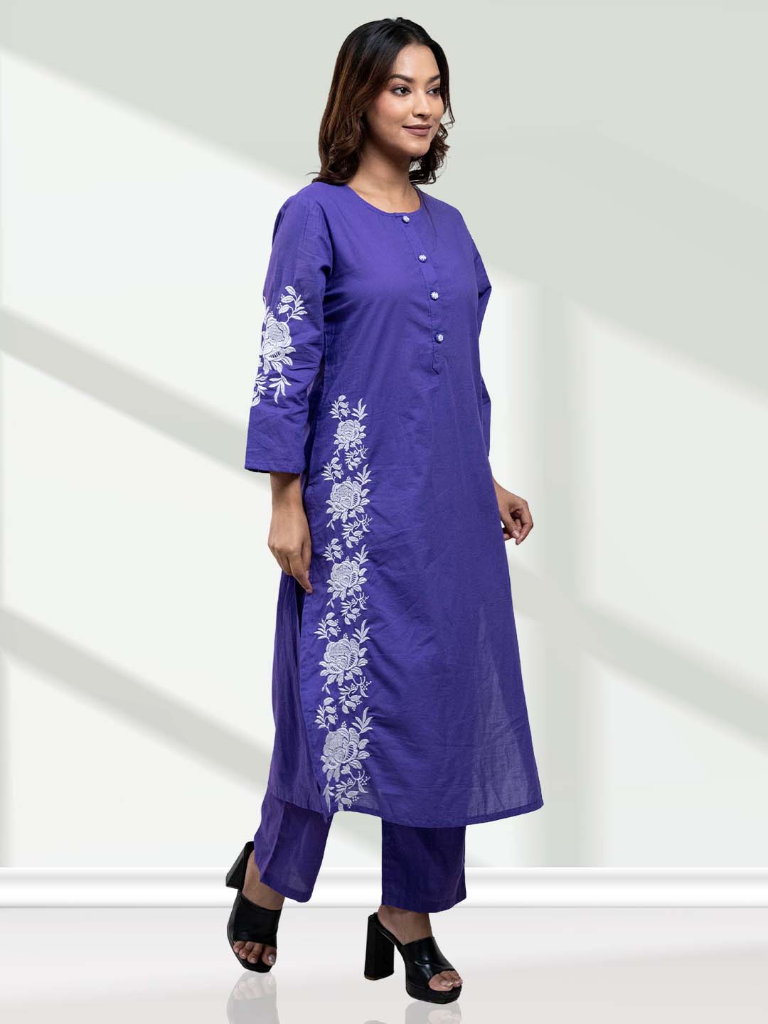 Purple Floral Embroidered Kurta Set for Women - 2 Piece Ethnic Outfit with Straight Fit