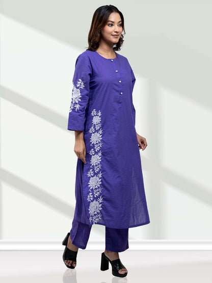 Purple Floral Embroidered Kurta Set for Women - 2 Piece Ethnic Outfit with Straight Fit