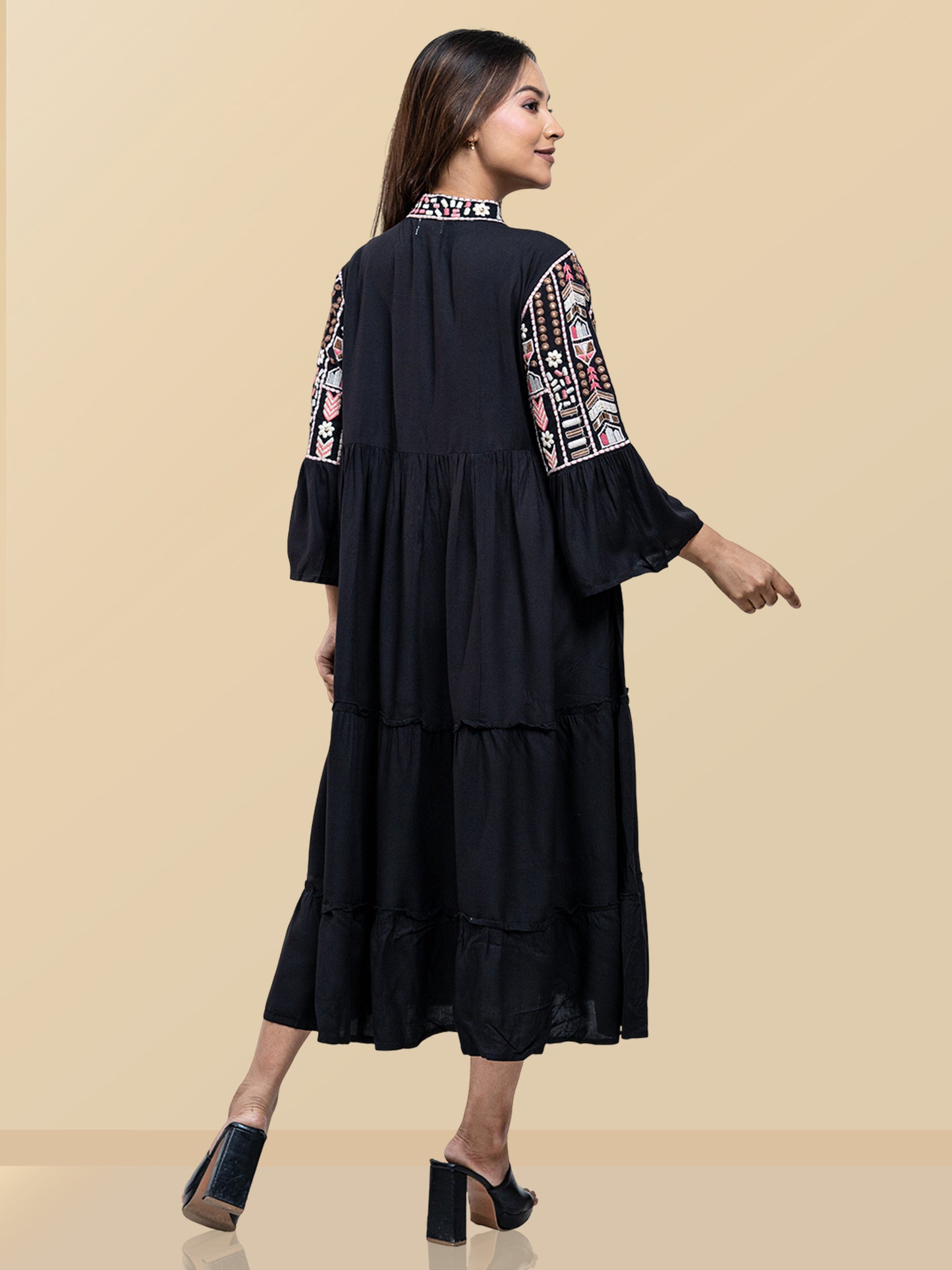 PINK THREADWORK BLACK DRESS