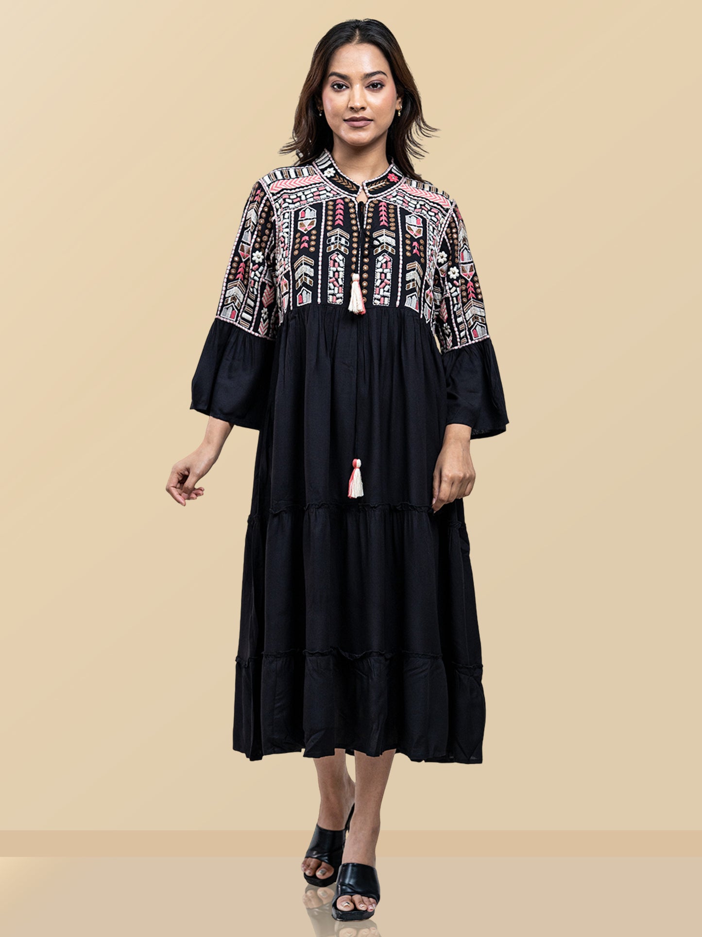 PINK THREADWORK BLACK DRESS