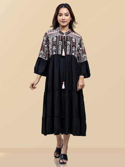 PINK THREADWORK BLACK DRESS