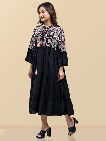 PINK THREADWORK BLACK DRESS