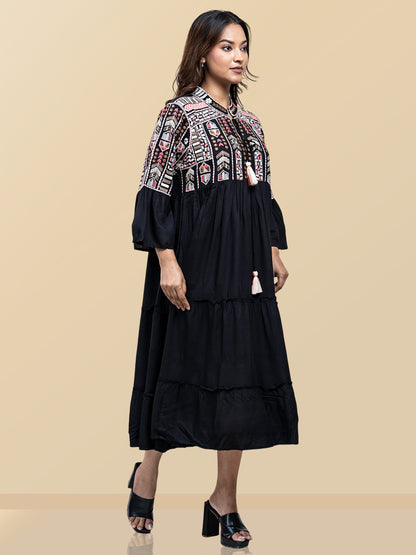 PINK THREADWORK BLACK DRESS