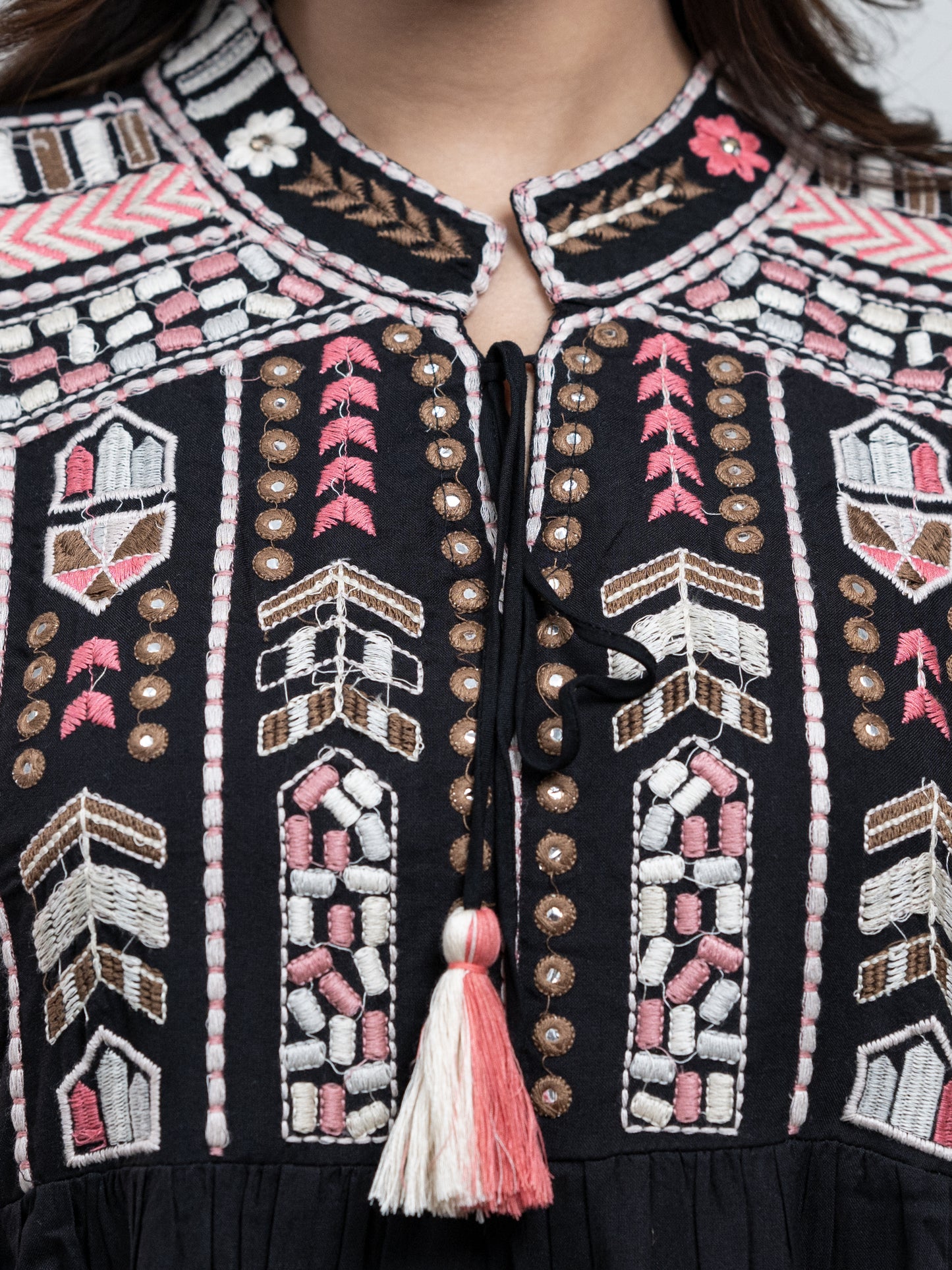 PINK THREADWORK BLACK DRESS