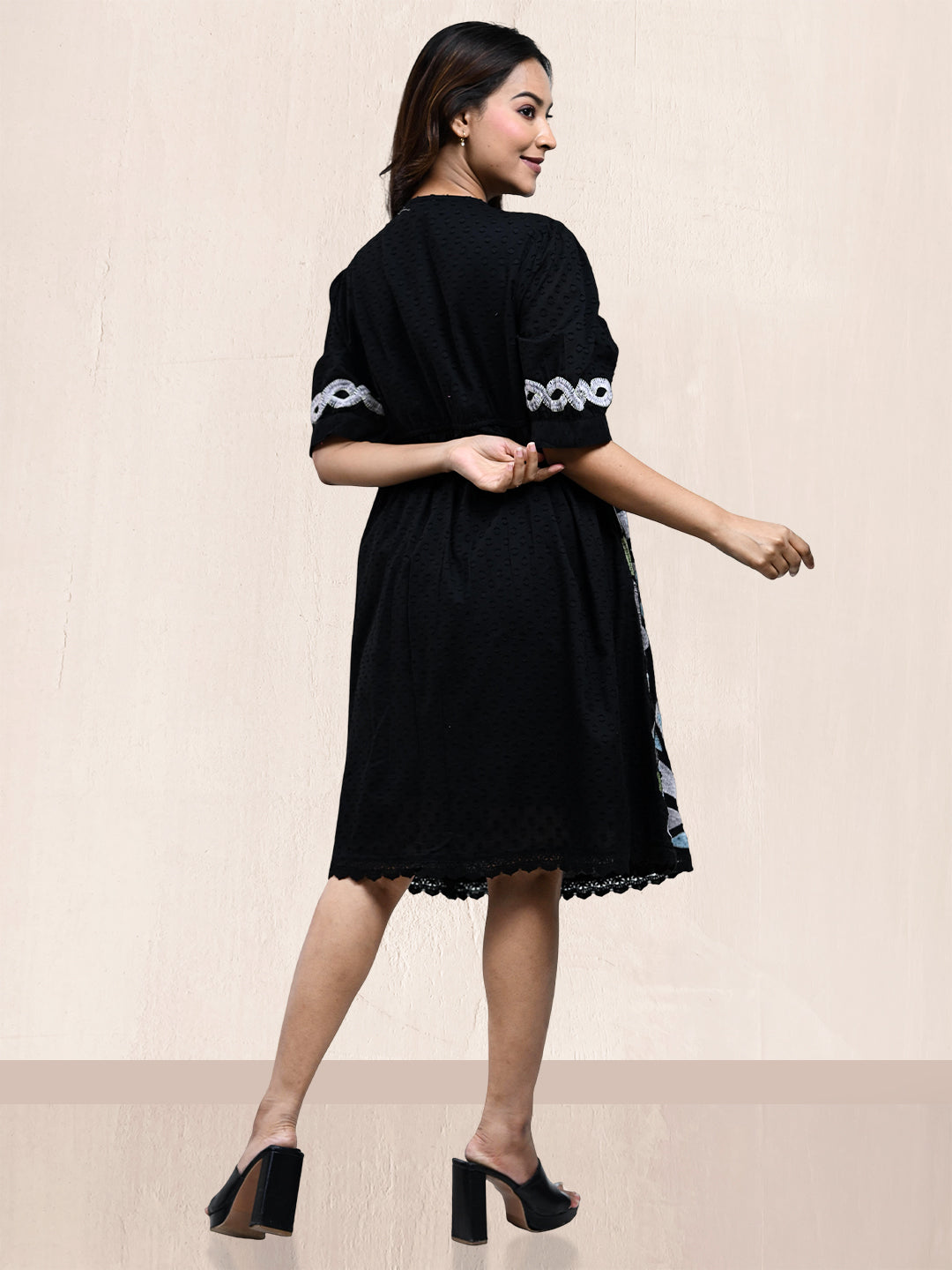 BLACK CROSS STITCHED ALINE DRESS