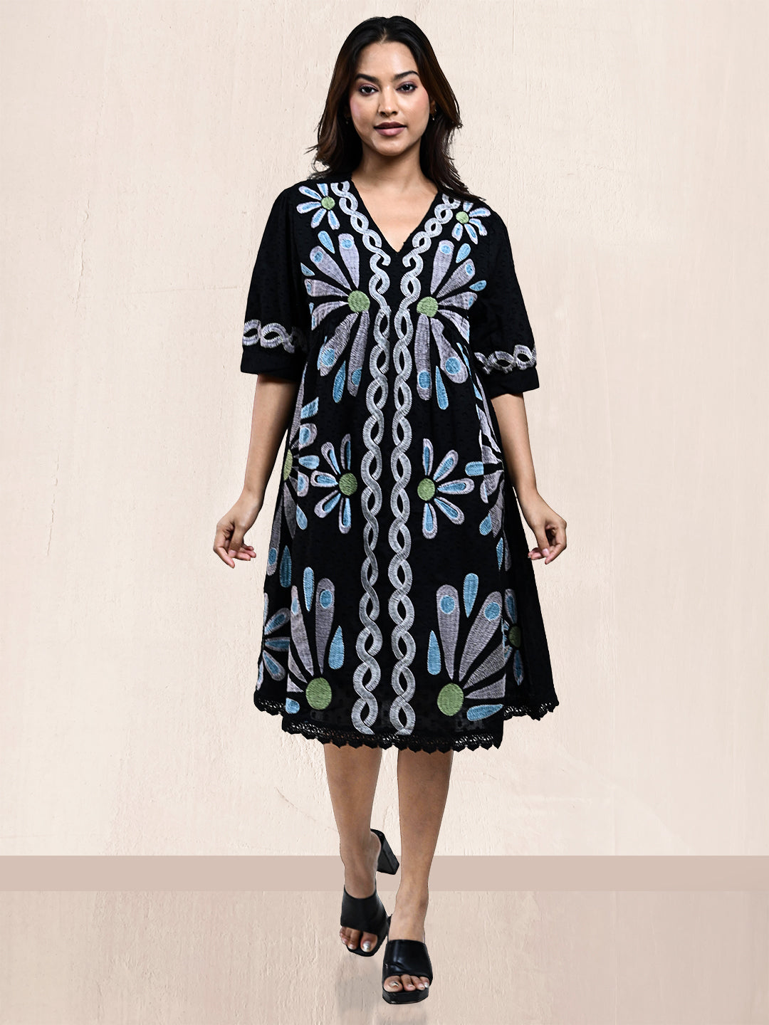 BLACK CROSS STITCHED ALINE DRESS