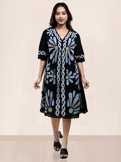 BLACK CROSS STITCHED ALINE DRESS