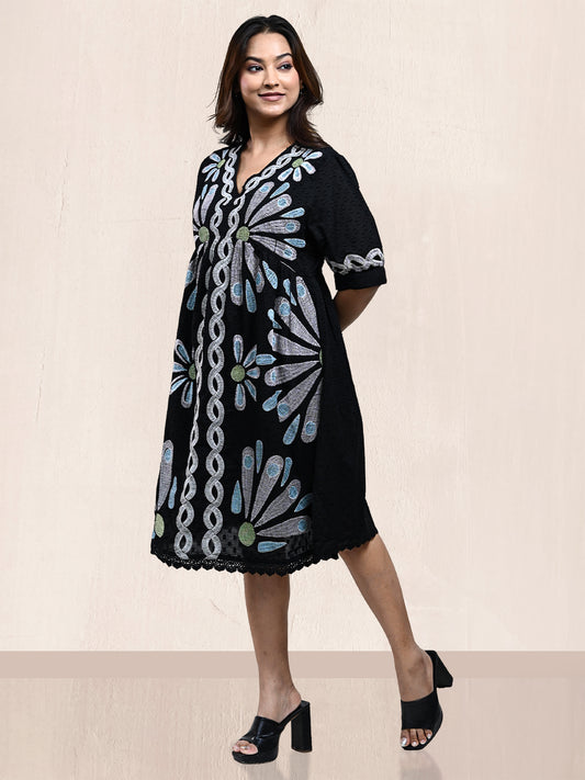 BLACK CROSS STITCHED ALINE DRESS
