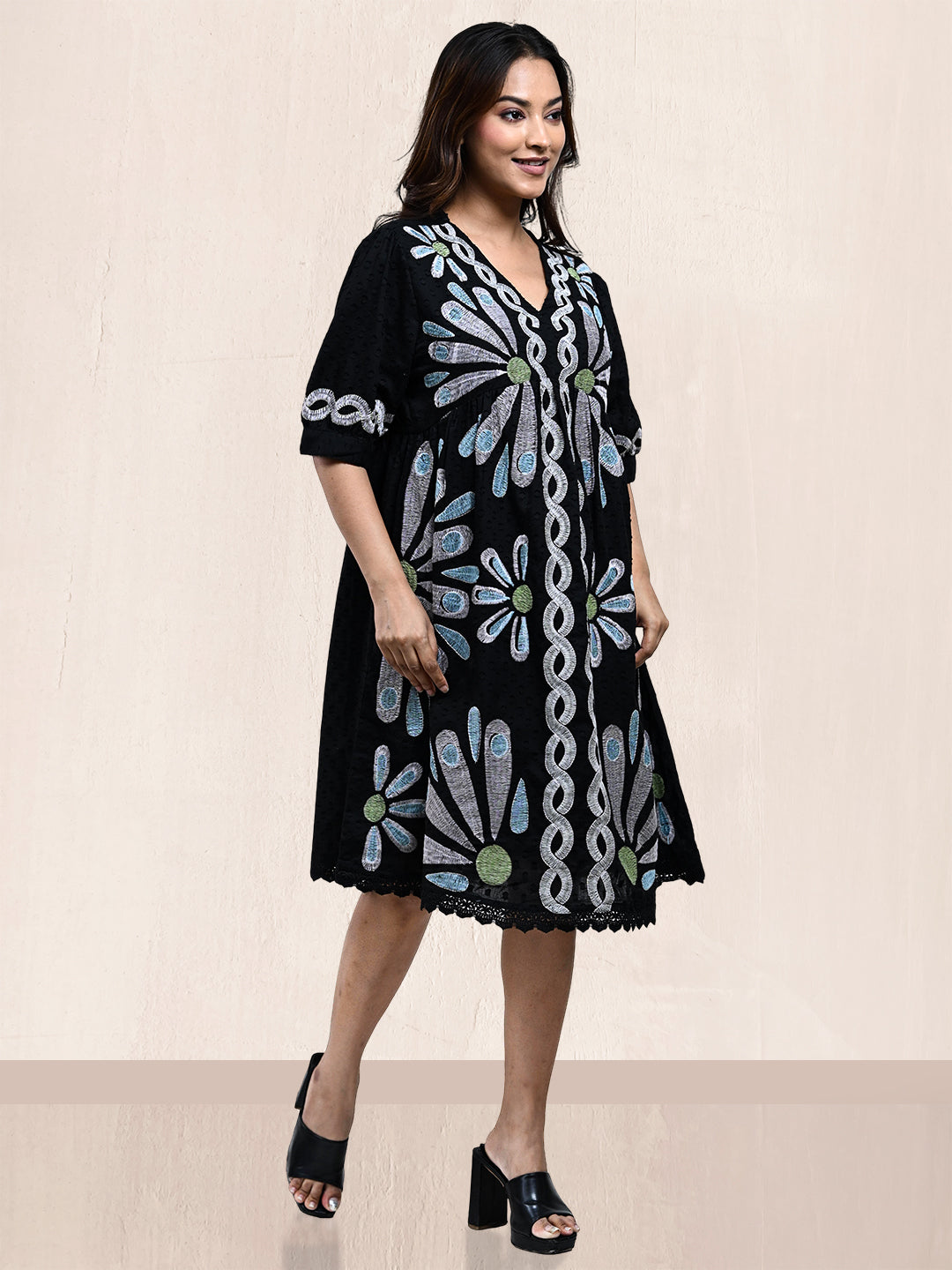 BLACK CROSS STITCHED ALINE DRESS