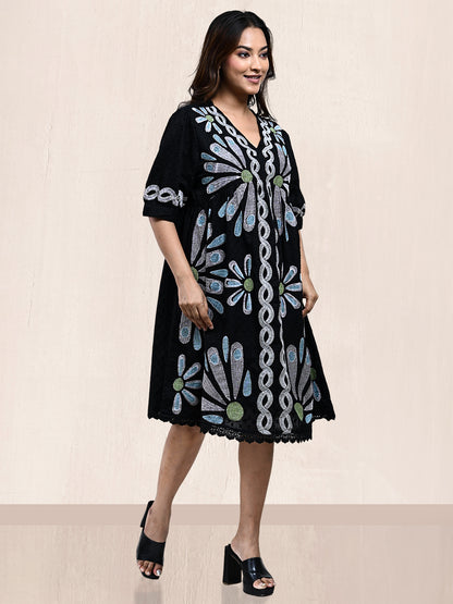 BLACK CROSS STITCHED ALINE DRESS