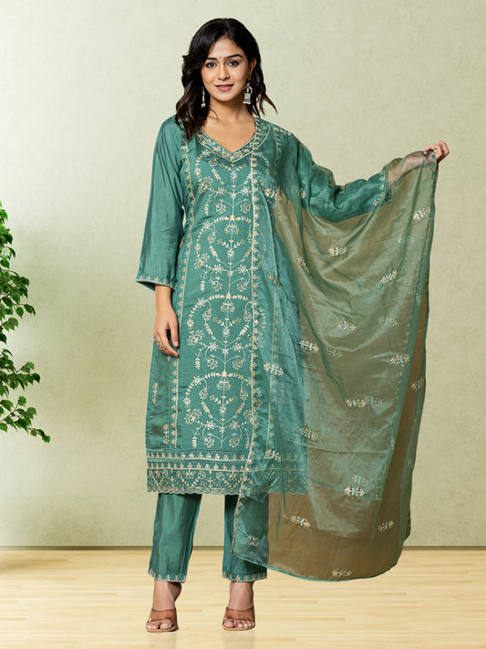 RuAK EDIT GREEN SILK EMBELLISHED 3PC SET