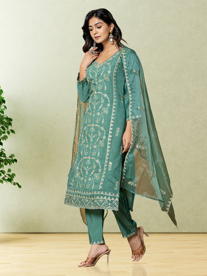 Green Silk Embellished 3pc Set