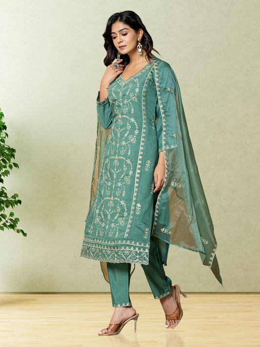 RuAK EDIT GREEN SILK EMBELLISHED 3PC SET