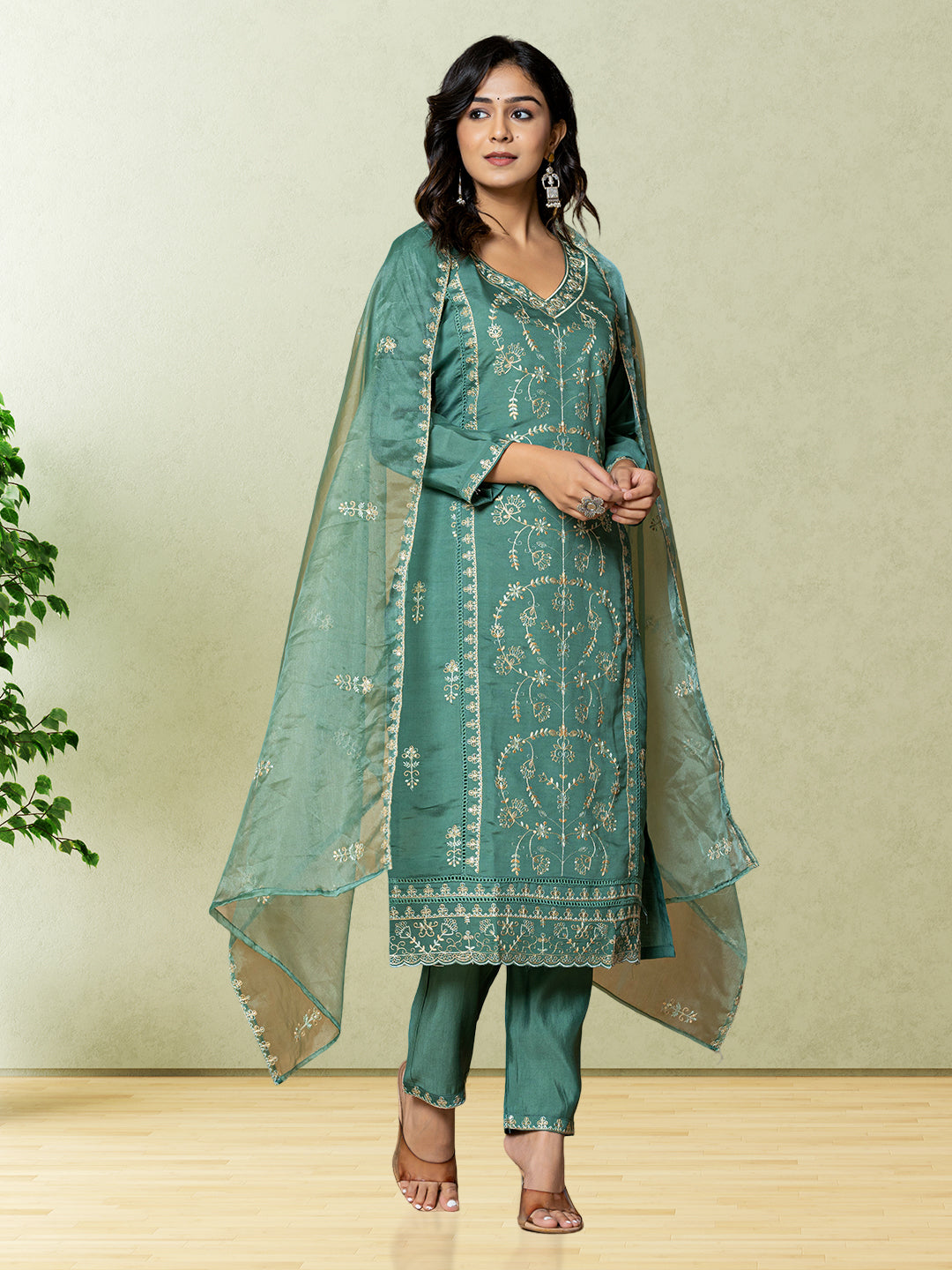 Green Silk Embellished 3pc Set