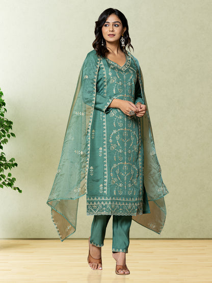 Green Silk Embellished 3pc Set