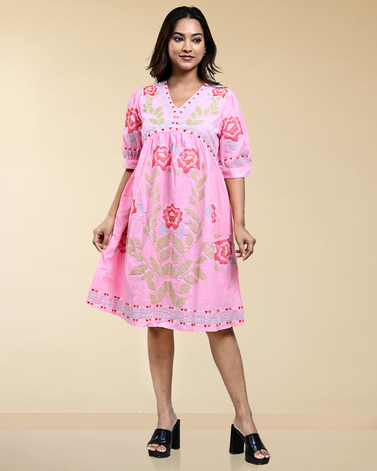 RuAK EDIT- PINK CROSS STITCHED ALINE DRESS