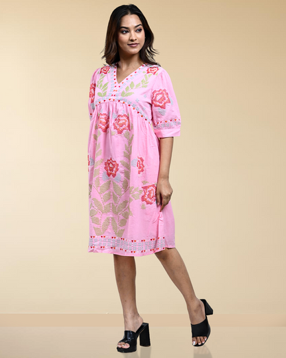 RuAK EDIT- PINK CROSS STITCHED ALINE DRESS