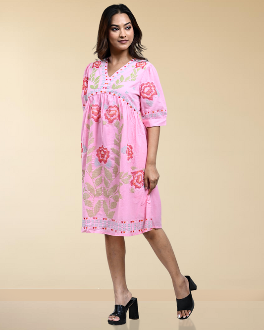 Pink Cross Stitched Aline Dress