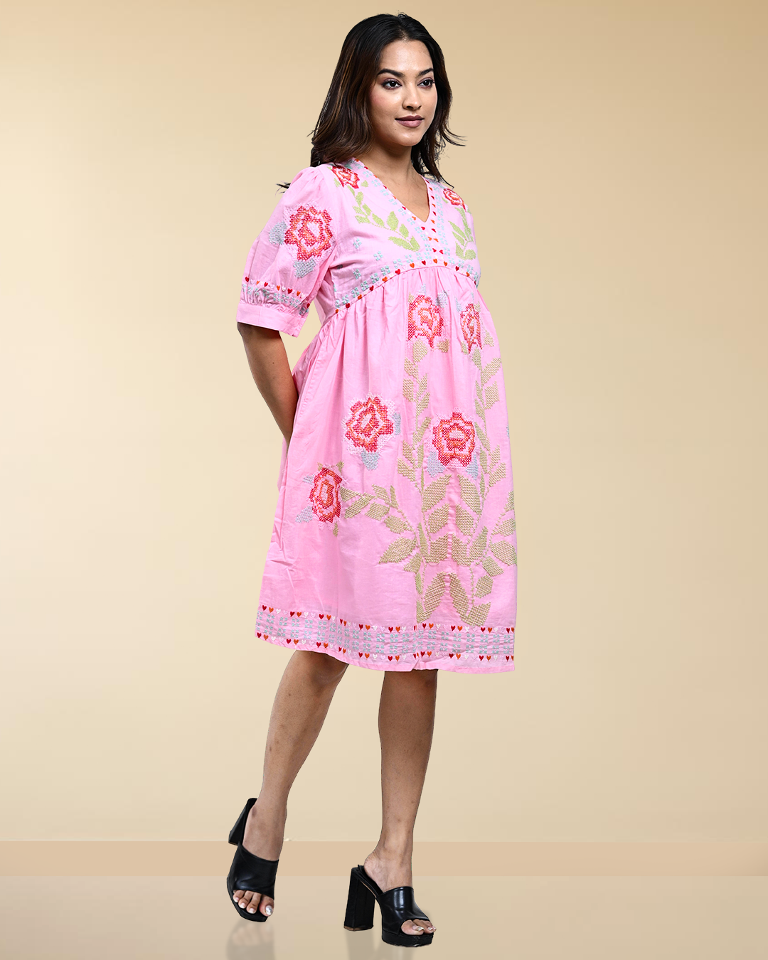 RuAK EDIT- PINK CROSS STITCHED ALINE DRESS