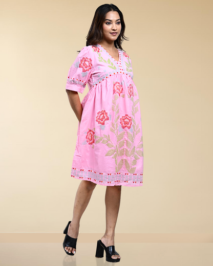 RuAK EDIT- PINK CROSS STITCHED ALINE DRESS