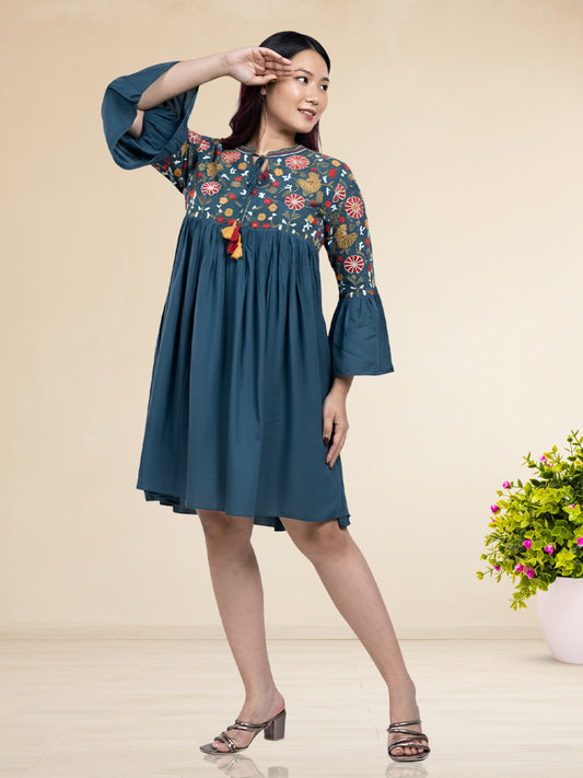 TEAL EMBROIDERED DRESS