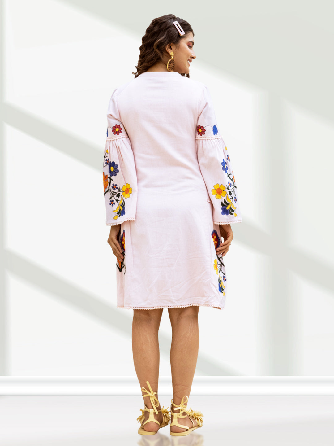 Baby Pink Threadwork Dress with Bell Sleeves