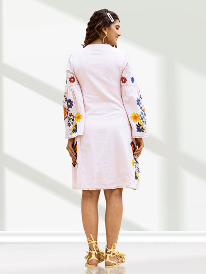 Baby Pink Threadwork Dress with Bell Sleeves