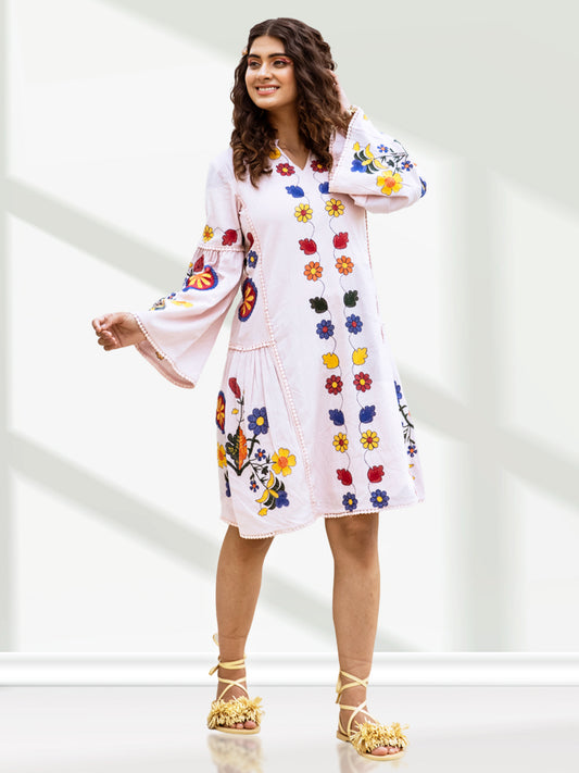 WHITE THREAD WORK DRESS WITH BELL SLEEVES