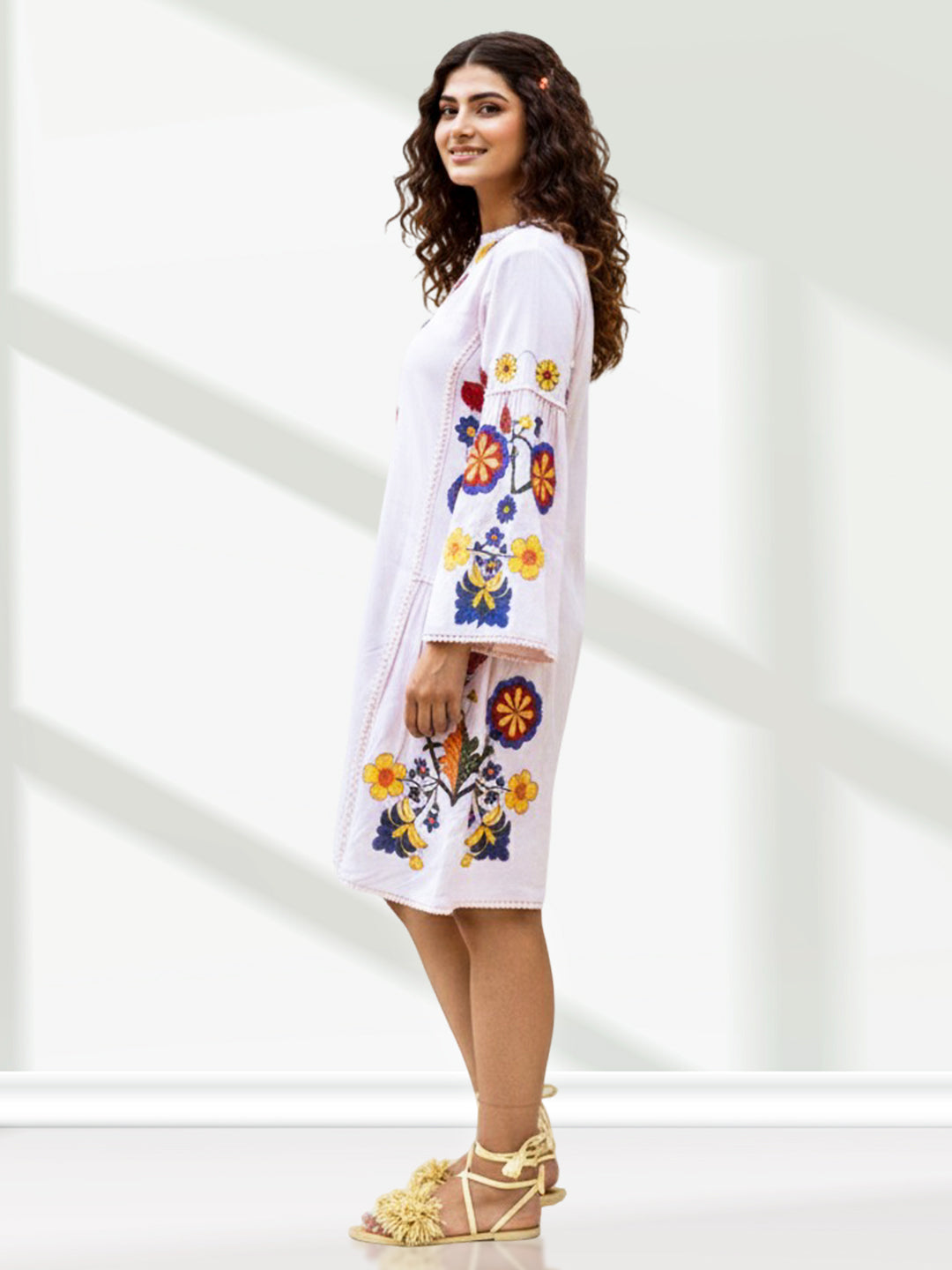 Baby Pink Threadwork Dress with Bell Sleeves