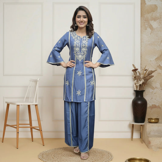 BLUE EMBROIDERED KURTA SET