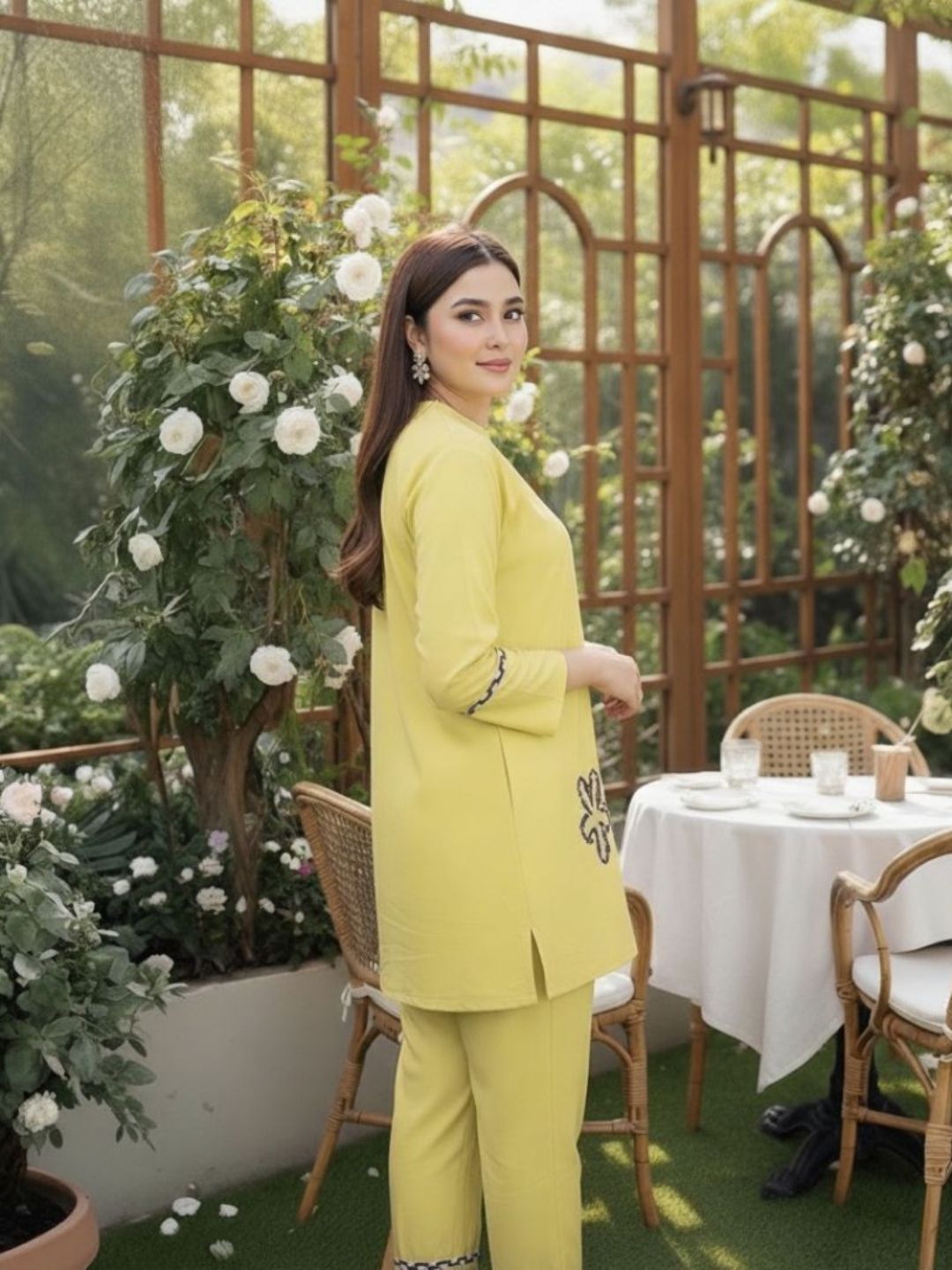 YELLOW COORDS WITH THREADWORK FLOWERS