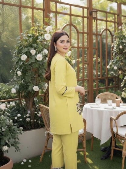 YELLOW COORDS WITH THREADWORK FLOWERS
