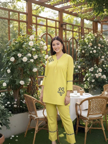 YELLOW COORDS WITH THREADWORK FLOWERS