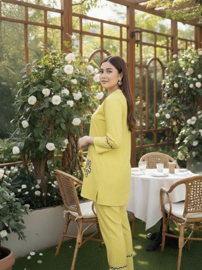 YELLOW COORDS WITH THREADWORK FLOWERS