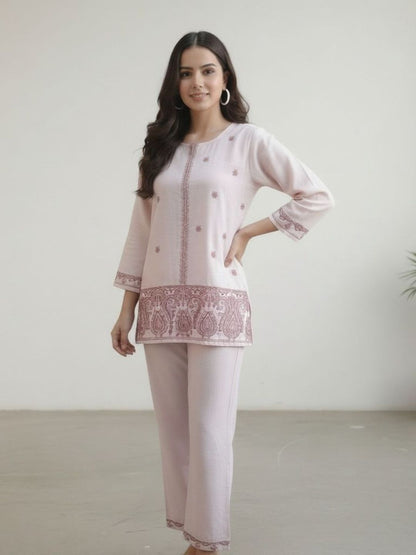 LIGHT PINK COORD SET WITH EMBROIDERY