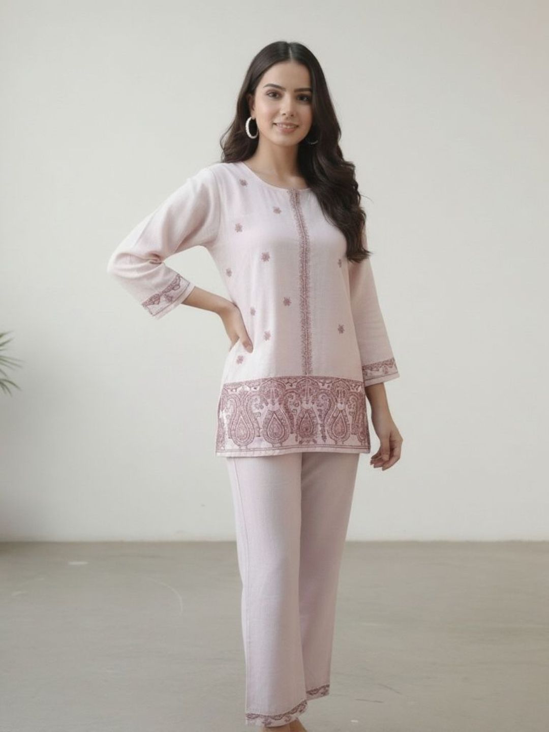 LIGHT PINK COORD SET WITH EMBROIDERY