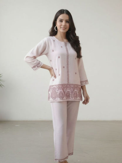 LIGHT PINK COORD SET WITH EMBROIDERY