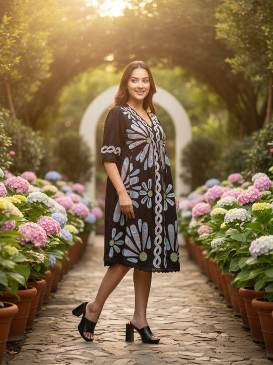 ONYX EDIT- BLACK CHAIN STITCHED DRESS