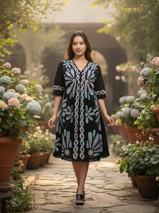 ONYX EDIT- BLACK CHAIN STITCHED DRESS