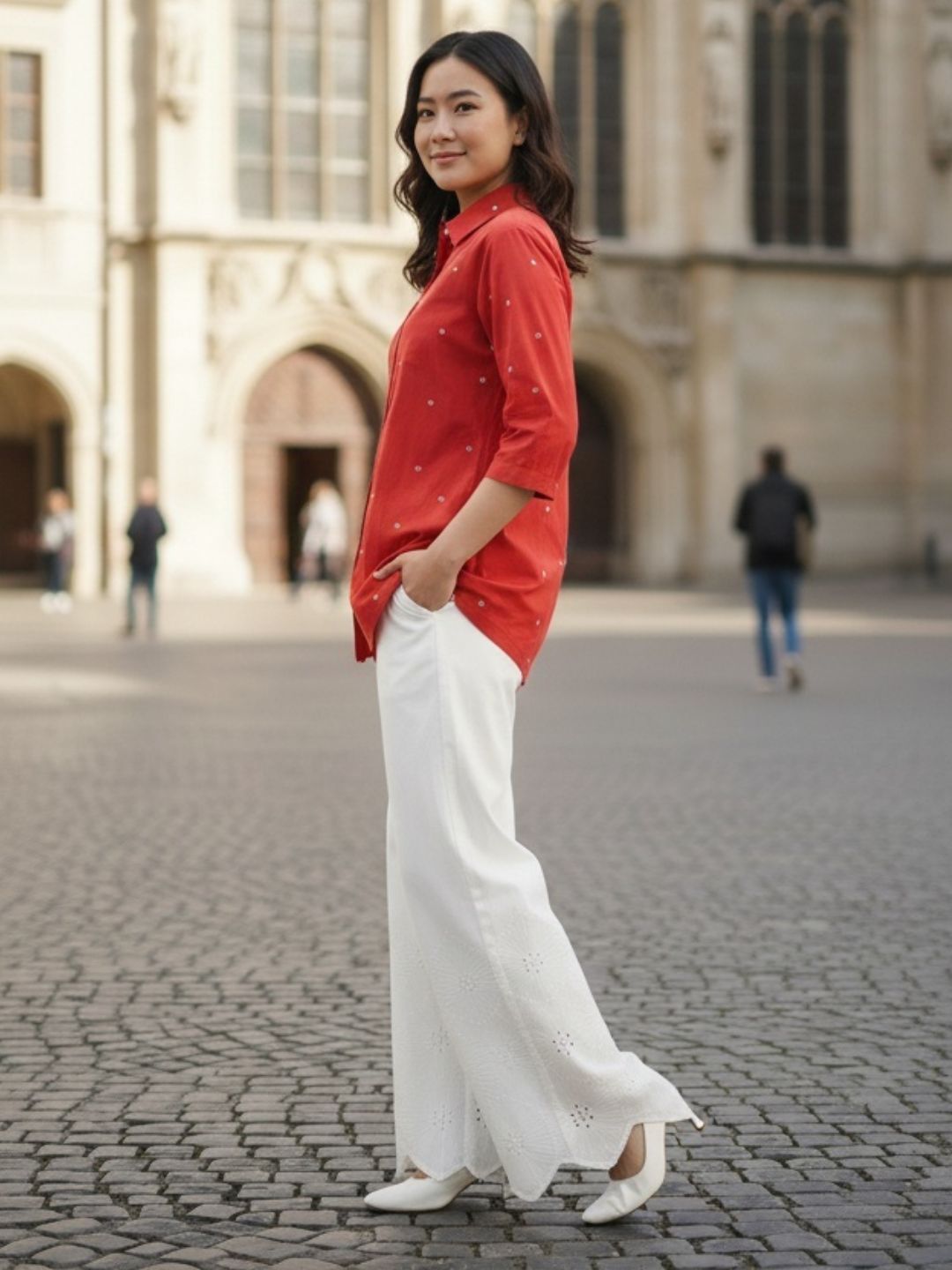 RUST SHIRT WITH CUTWORK EMBROIDERED PANTS