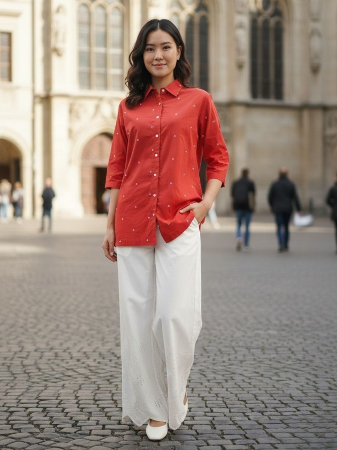 RUST SHIRT WITH CUTWORK EMBROIDERED PANTS