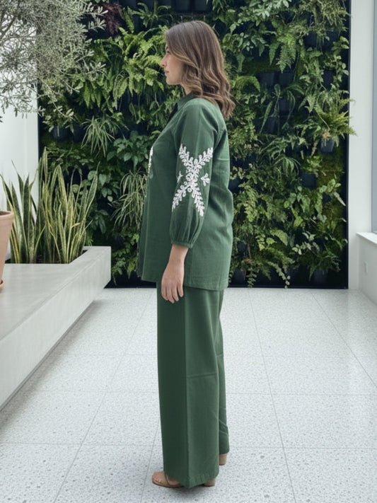 VERDANT EDIT- OLIVE GREEN EMBROIDERED COORD SET